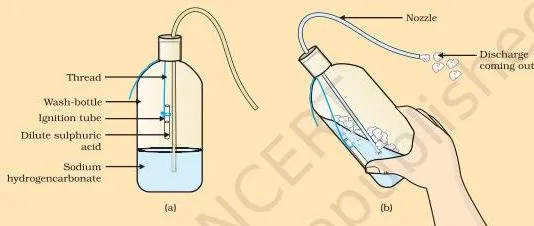 Acids, Bases and Salts Class 10: Chapter 2 PDF (a) Ignition tube containing dilute sulphuric acid suspended in a wash-bottle containing sodium hydrogencarbonate. (b) Discharge coming out of the nozzle
