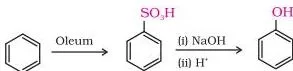 Alcohols Phenols and Ethers Class 12 Notes Reaction scheme showing benzene sulphonation with oleum to benzenesulphonic acid then alkaline fusion to phenol