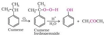 Alcohols Phenols and Ethers Class 12 Notes Industrial cumene process showing air oxidation of cumene to cumene hydroperoxide then acid cleavage to phenol and acetone