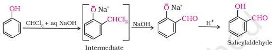 Alcohols Phenols and Ethers Class 12 Notes Reimer-Tiemann reaction mechanism showing benzal chloride intermediate hydrolysed to salicylaldehyde