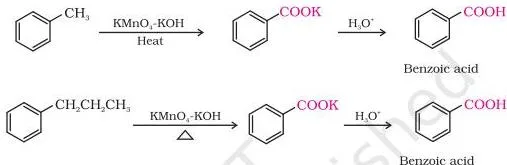 Vigorous oxidation of an alkylbenzene side chain to a benzoic acid, the whole side chain becoming a carboxyl group