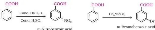 Electrophilic substitution on an aromatic carboxylic acid with the carboxyl group directing the incoming group to the meta position