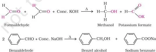 Aldehydes, Ketones and Carboxylic Acids Class 12 Notes: Full Chapter Revision Cannizzaro reaction in which two aldehyde molecules without an alpha hydrogen disproportionate into an alcohol and a carboxylate salt in concentrated alkali