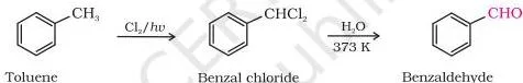 Side chain chlorination of toluene gives benzal chloride, which on hydrolysis gives benzaldehyde.