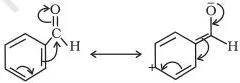 Resonance structures of benzaldehyde showing electron delocalisation that reduces the polarity of the carbonyl group