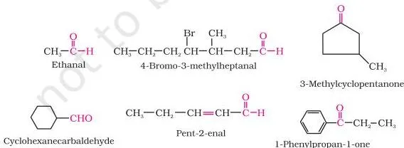 The IUPAC names of open chain aliphatic aldehydes and ketones are derived from the names of the corresponding alkanes by replacing the ending $-e$ with $-al$ and $-one$ respectively.