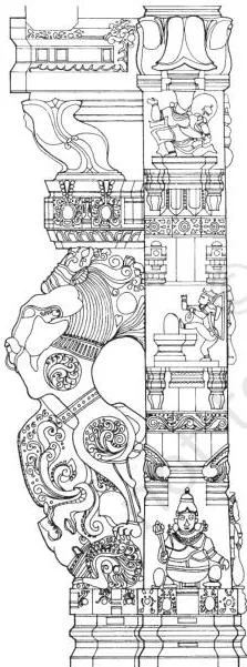 An Imperial Capital Class 12: Vijayanagara Chapter PDF Illustrated stone pillar from the Virupaksha temple carved with floral motifs, animal figures and human figures, analysed in the chapter exercise