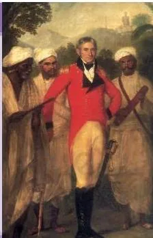 An Imperial Capital Class 12: Vijayanagara Chapter PDF Copy of Thomas Hickey's oil painting showing Colin Mackenzie with his peon holding a telescope and his Brahmana assistants beside him