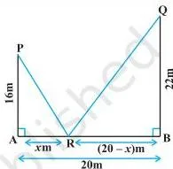 Two vertical poles AP and BQ standing at A and B with a point R on the ground between them, showing the right triangles used to build the minimisation function
