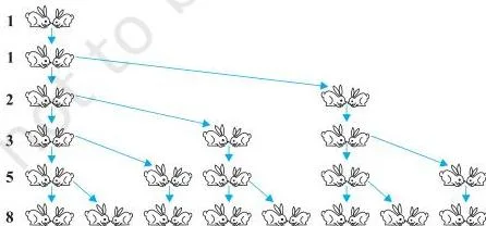 Diagram showing a branching family tree of rabbits producing the Fibonacci sequence 1, 1, 2, 3, 5, 8, illustrating a growth pattern that is not an arithmetic progression