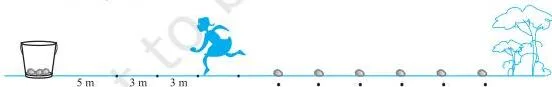 Exercise 5.3 Class 10 Maths NCERT Solutions: Sum of an AP A straight-line potato race course with a bucket at the start and ten potatoes spaced 3 m apart, the nearest potato 5 m from the bucket