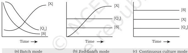 Growth-curve graphs comparing batch, fed-batch and continuous modes in bioprocessing and biomanufacturing, plotting substrate concentration S, cell biomass X and substrate utilisation rate Qs against time