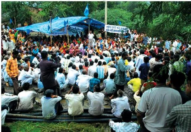 Tribals protesting against the Sardar Sarovar Dam to protect their land, illustrating conflicting developmental goals between industry and displaced communities