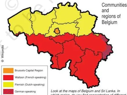 Maps of Belgium and Sri Lanka from Wikipedia showing the geographic concentration of different linguistic and ethnic communities within each country