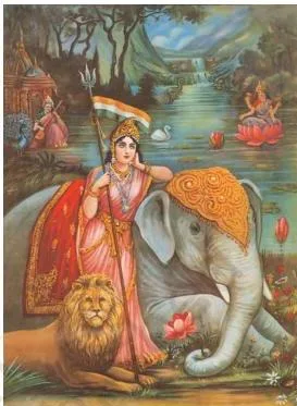 Bharat Mata portrayed with a trishul standing beside a lion and elephant, symbols of power and authority, contrasting with Abanindranath Tagore's ascetic version
