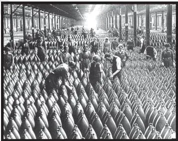 During the war, industries were restructured to produce war-related goods, showing women in a munitions factory and the industrial scale of the first modern industrial war