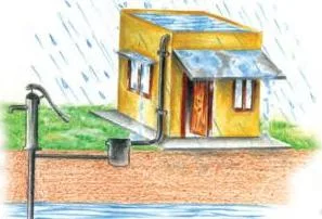 Underground tanka built inside a Rajasthan house courtyard, showing the pipe connection from the sloping roof to collect rainwater for drinking water storage