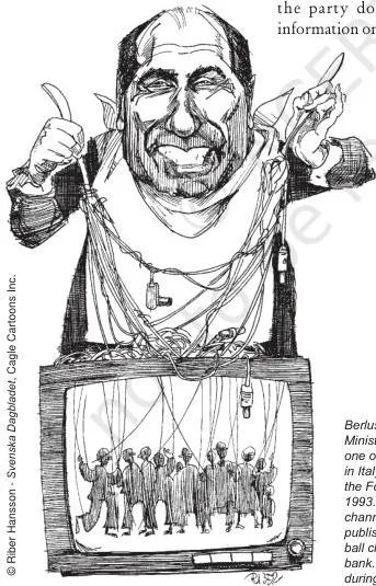 Cartoon titled Berlusconi Puppet Theatre depicting a leader controlling political and business institutions, illustrating the challenge of concentration of power and money in political parties.