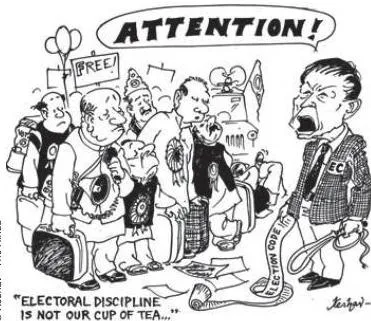 Cartoon by Keshav in The Hindu depicting the difficulty of forcing political parties to reform themselves, illustrating the challenge of bringing internal accountability.