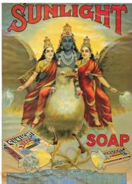 Indian mill cloth label showing a goddess offering cloth from an Ahmedabad mill and urging people to use Indian-made goods as a nationalist message against foreign imports