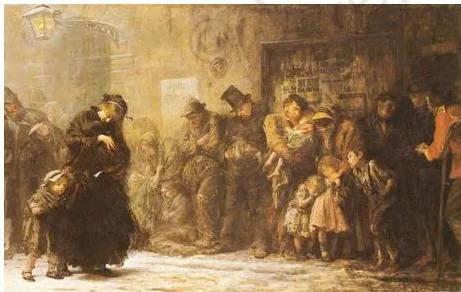 Painting of homeless people applying for workhouse tickets showing the humiliation and poverty faced by unemployed workers in Victorian London