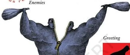 A political cartoon titled Enemies showing the violent breakdown of society when a majority community suppresses a minority, failing the conditions of democratic accommodation.