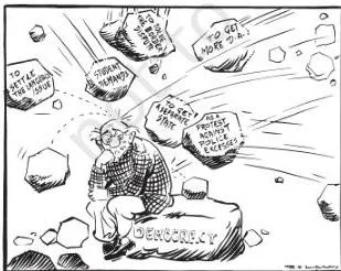 A bus packed with citizens labelled with diverse social demands, illustrating that people expect democracy to solve all socio-economic and political problems.