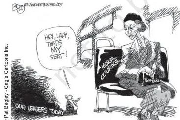 A cartoon showing Rosa Parks continuing to inspire the ongoing democratic examination for the dignity and freedom of marginalised communities.