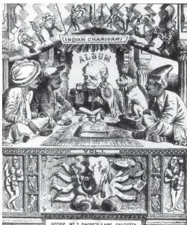 Print Culture and the Modern World Class 10 Notes Cover of Indian Charivari showing an authoritative British figure instructing submissive Indian natives in the art of satire and caricature