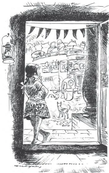 A young girl standing alone at a doorway watching the street, illustrating Valli's curious daily pastime of observing the passing bus.