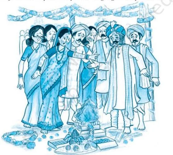 Bholi Class 10 Notes: Summary, Themes & Character Sketch Illustration of Bholi standing up at her wedding to boldly refuse marriage and throw the garland into the fire.