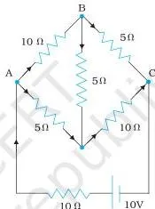Network of resistors and two batteries for Exercise 3.7, where each branch must be assigned a current and the circuit solved by Kirchhoff's junction and loop rules
