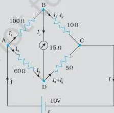 Wheatstone bridge with labelled arms AB, BC, CD and DA of 100, 10, 5 and 60 ohms, a galvanometer across BD and a voltage source across AC, with branch currents I1, I2 and Ig marked