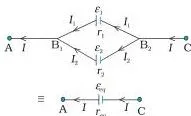 Two cells connected in parallel with currents I1 and I2 leaving their positive terminals, replaceable by one equivalent cell of emf epsilon-eq and internal resistance r-eq