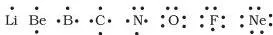 Lewis symbols of second-period elements with dots around each symbol showing the valence electrons counted in the formal-charge formula