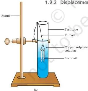 Iron nails dipped in copper sulphate solution for the displacement reaction experiment