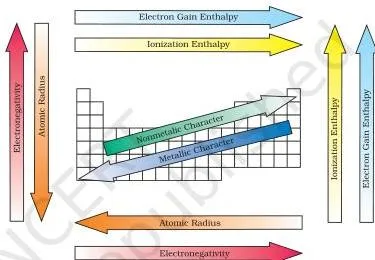 Periodic Classification of Elements Class 11 Notes Summary diagram of periodic trends showing how atomic radius, ionization enthalpy, electron gain enthalpy and electronegativity vary on the periodic table