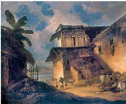 Colonialism and the Countryside: NCERT Class 12 History Chapter 1 A Bengal village scene painted by George Chinnery in 1820, showing huts, trees and daily rural life as an idealised, peaceful landscape