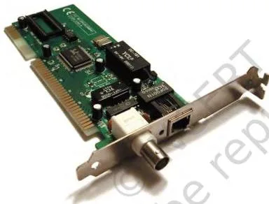 A network interface card circuit board, the adapter that connects a computer to a wired Ethernet network