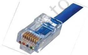 An RJ45 plastic plug at the end of an Ethernet cable, the eight-pin connector used for networking