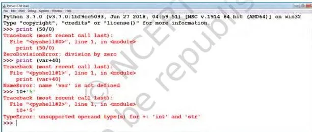 Exception Handling in Python Class 12: NCERT Computer Science Chapter 1 IDLE window showing three exception messages: ZeroDivisionError, NameError and TypeError with their descriptions