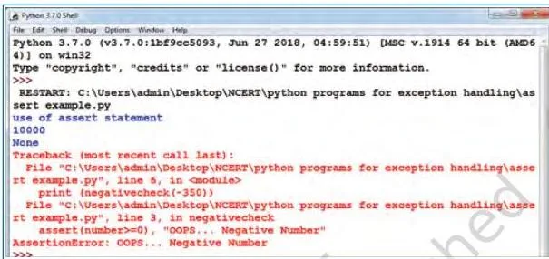 Exception Handling in Python Class 12: NCERT Computer Science Chapter 1 Shell output of the assert program: the square of 100 is printed, then AssertionError with the message OOPS Negative Number