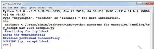 Exception Handling in Python Class 12: NCERT Computer Science Chapter 1 Shell output showing division performed successfully and the message OUTSIDE try except block when no exception occurs