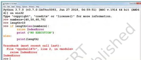 Exception Handling in Python Class 12: NCERT Computer Science Chapter 1 Shell output showing IndexError raised deliberately, followed by a stack traceback identifying where the error occurred