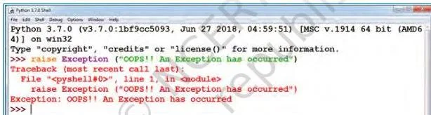 Exception Handling in Python Class 12: NCERT Computer Science Chapter 1 Python shell showing a raise statement that throws an exception with the message OOPS An Exception has occurred