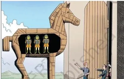 The wooden Trojan horse with hidden soldiers, illustrating how trojan malware hides inside software that looks legitimate