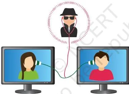 Two users communicating while an eavesdropper intercepts the conversation in real time, illustrating unauthorised monitoring of private communication