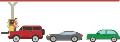 A row of cars waiting in line at a petrol pump, the vehicle that entered first exiting first, illustrating a queue in real life