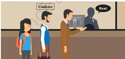 A queue of people standing in line at a bank counter, with the person at the front served first, showing the FIFO principle
