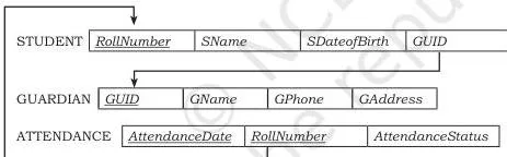 Database Concepts Class 12: NCERT Computer Science Chapter 8 Schema diagram of the STUDENTATTENDANCE database with underlined attributes marking primary keys and arrows showing foreign keys pointing to the primary keys they reference
